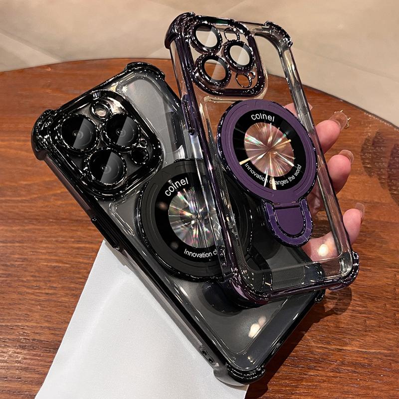 Metal Ring Kickstand Four Corners Shockproof Plating Clear Case For iPhone 16 15 14 13 11 Pro Max Plus Magsafe Magnetic Cover