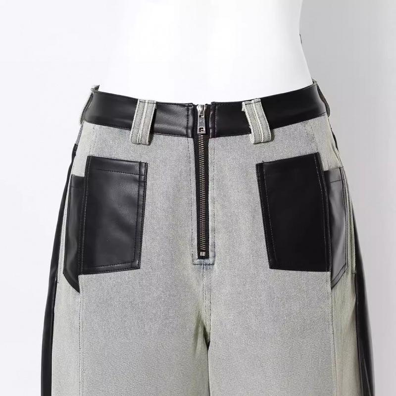 Women's Retro Washed Straight-Leg Jeans with Leather Splice, Contrasting Colors - 2025 Spring Street Style.