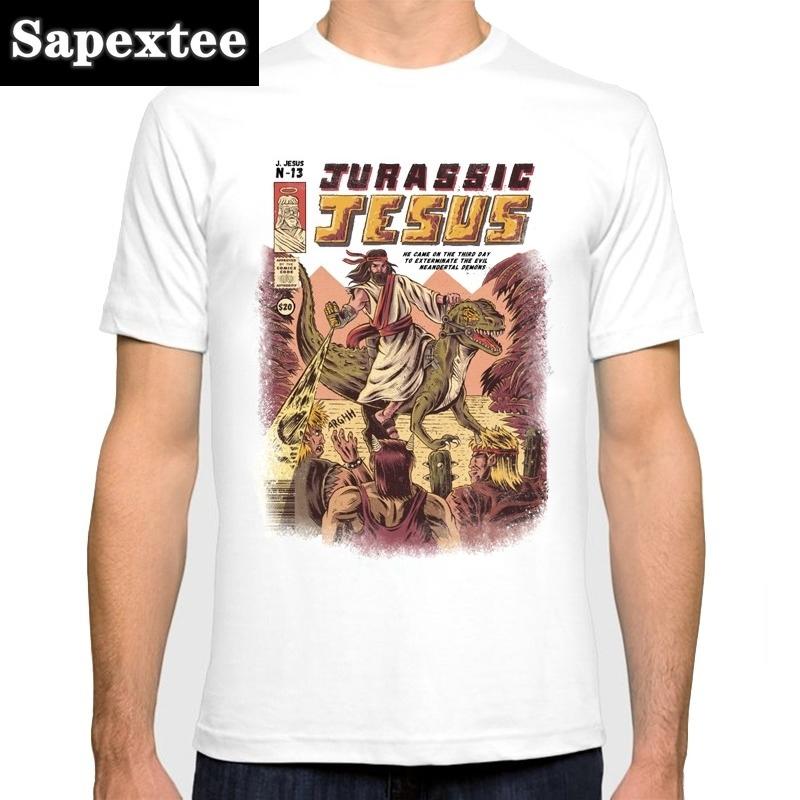 Novelty Creative JURASSIC JESUS ride Dinosaur funny t shirt men 2025 summer new white casual homme cool tshirt S