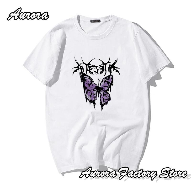 Summer Men Cotton T-Shirt Purple Butterfly Graphic Tops Tees Male Fashion Clothing Tshirt Short Sleeve Harajuku Streetwear