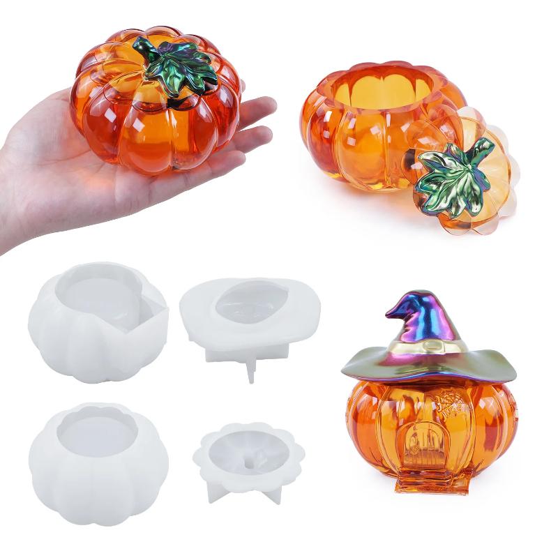 DIY Halloween Pumpkin Storage Jar Box Silicone Mold with Lid Crystal Epoxy Resin Mirror Gypsum Mold Home Decor Gifts