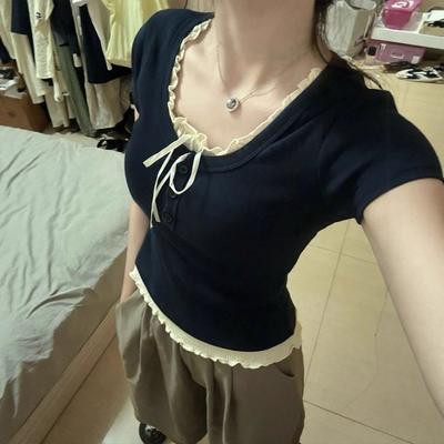 Fake Two Short-sleeved T-shirts with Short Sleeves Inside, New Summer Models, Chic and Beautiful Design, Slim and Thin Short Tops