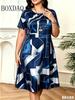 Geometric Design Pattern Print Women Dress Summer Fashion High Quality Casual Short Sleeve Round Neck Loose Home Dress Plus Size