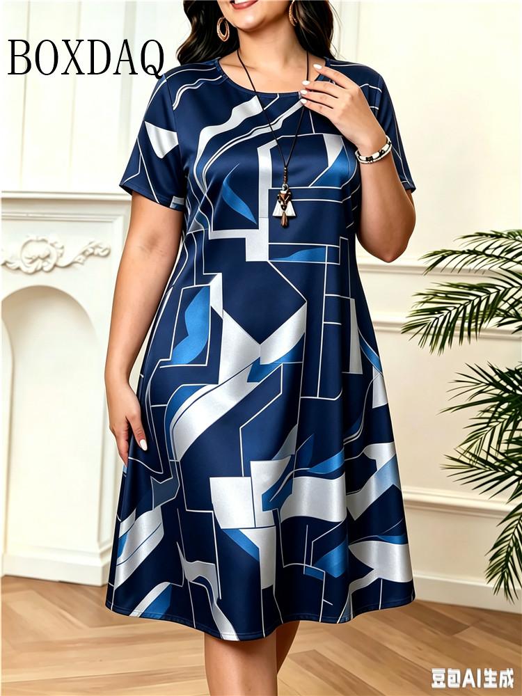 Geometric Design Pattern Print Women Dress Summer Fashion High Quality Casual Short Sleeve Round Neck Loose Home Dress Plus Size