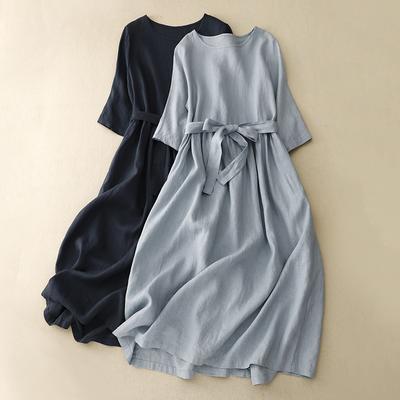 2025 Summer Simple Solid Color Cotton and Linen Dress Women's Loose Strap Belt Round Neck Short Sleeve Big Swing Dress