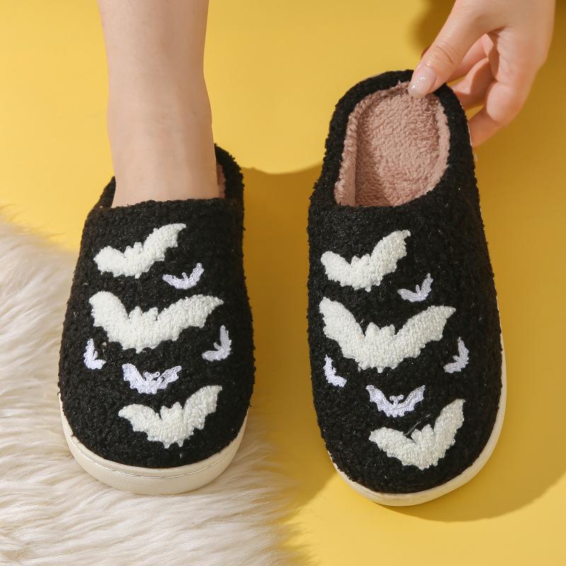 Winter Skull Print Halloween Plush Lined Warm Bag Toe Shoes Plush Home Indoor Cotton Slippers