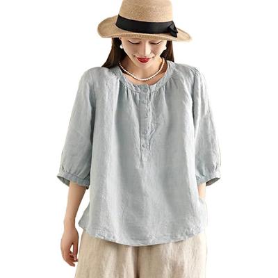 Bluse für Kurzarm Baumwolle Leinen Große Rüsche [Ailiyumo] Damen, Hemd, Leinen, Dünn, Hemd, Größe, Sommer, Oberteil, Ärmel, Natürlich, Süß, Alltag,