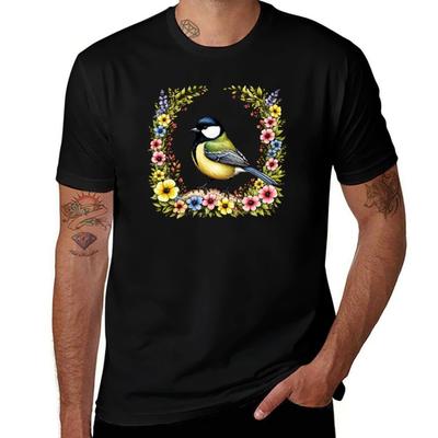 Great Tit Bird And Flowers TShirt Holiday Casual Short Sleeve Top