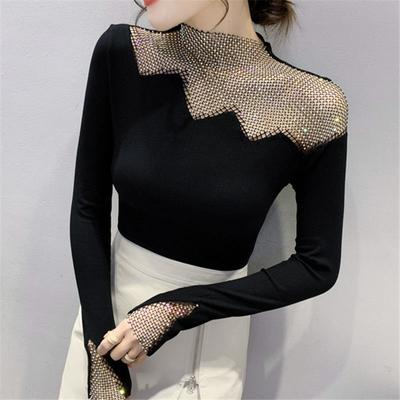 Kadın Moda Rahat Yarım Yüksek Yaka Uzun Kollu Örgü Tişört Zarif İnce Hollow Out Şık Seksi Patchwork Parlak Elmas Üstler