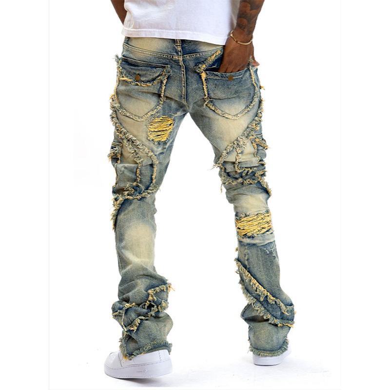 Men Ripped Stacked Jeans Distressed Slim Fit Skinny Straight Leg Jeans Fashion Hip Hop Denim Pants Casual Streetwear 2025 Spring Autumn