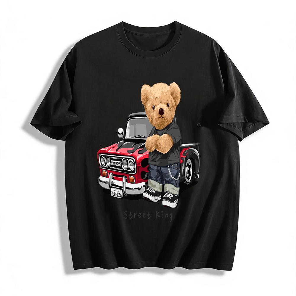 Street King Teddy Bear Retro Truck Graphic Casual Tee Pure cotton T-shirt XXS