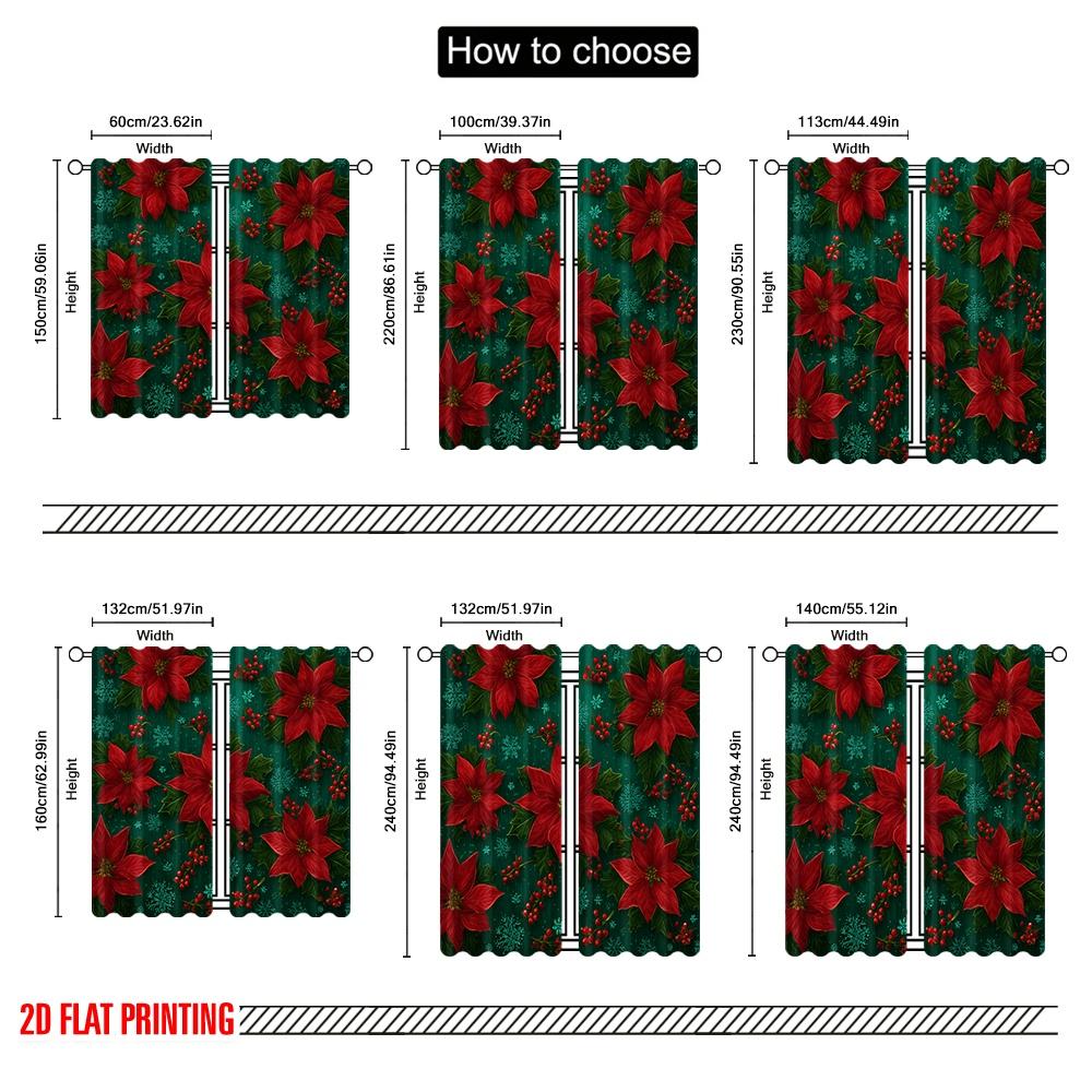 2pcs,2D Plane Printing Curtain Popular Red Poinsettias_ Holly_ Snowflakes & Ornaments Versatile Durable Polyester (without Rod)