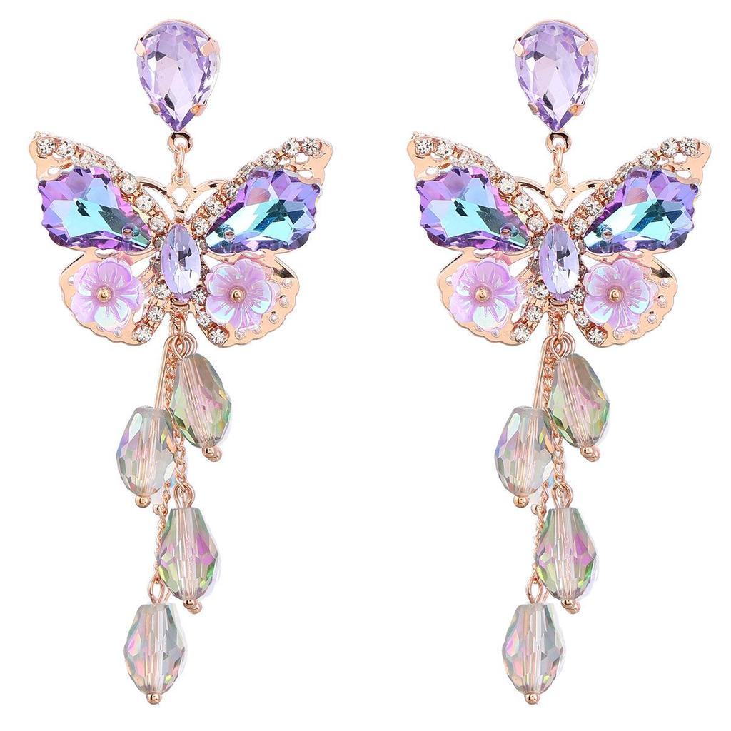 Exaggerated Alloy Diamond Butterfly Flower Long Tassel Earrings – European & American Style, Women's Autumn & Winter Fashion Accessory