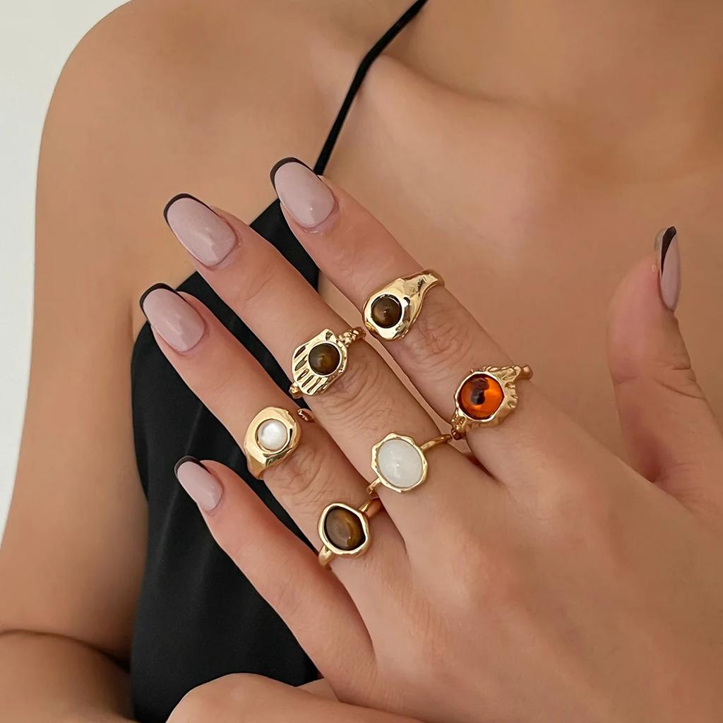 LATS Gold Color Flower Crystal Baroque Pearl Open Ring for Women Fashion Rings Set Engagement Party Gift Temperament Jewelry