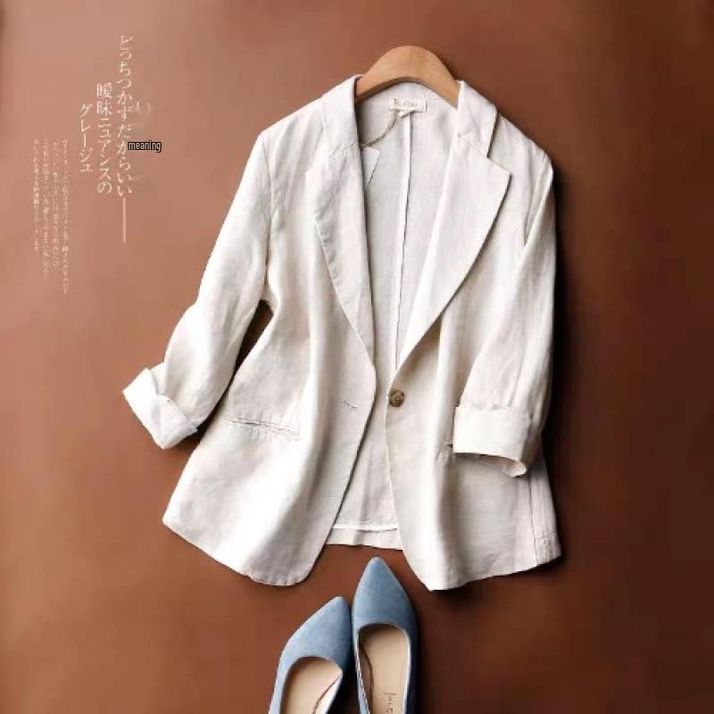 Plus Size Women's Light Luxury Cotton Linen Jacket, 2025 Spring/Autumn, Three-Quarter Sleeves, Solid Color, Loose Fit.