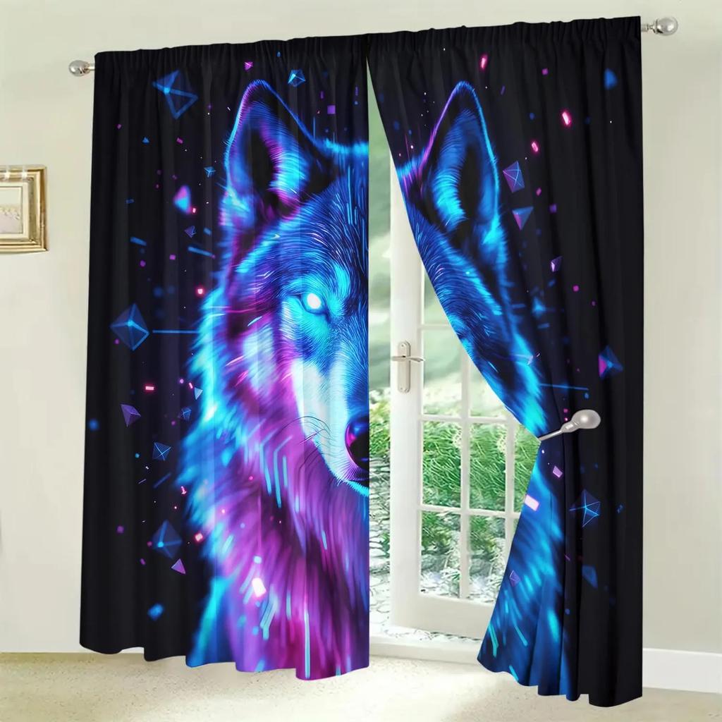 Set Of 2 Cool Fluorescent Wolf Half Curtains Home Decoration All Season Decorative Artistic Room Darkening Made Polyester