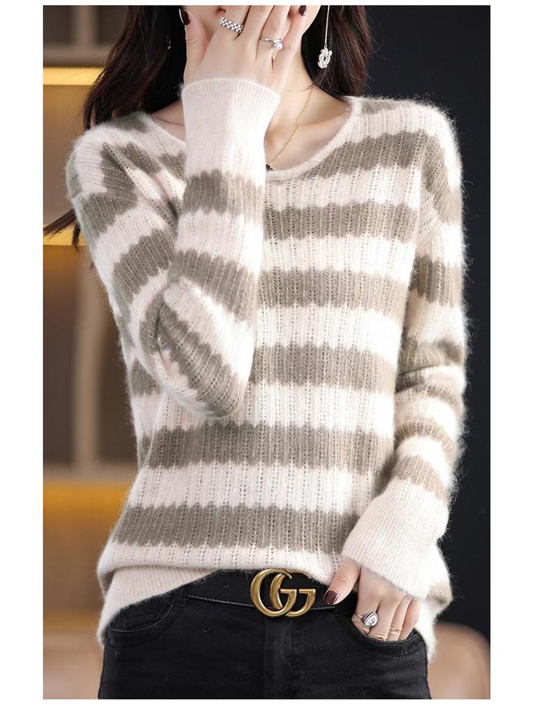 2025 Autumn/Winter Women's Mink Cashmere Color Block Round Neck Sweater – Hollow Out, Warm, Loose Fit