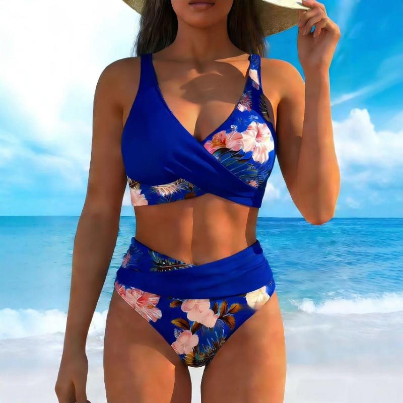 Women's Pink Floral Print High Waist Bikini Set, Color Block Wrap Two Piece Swimwear
