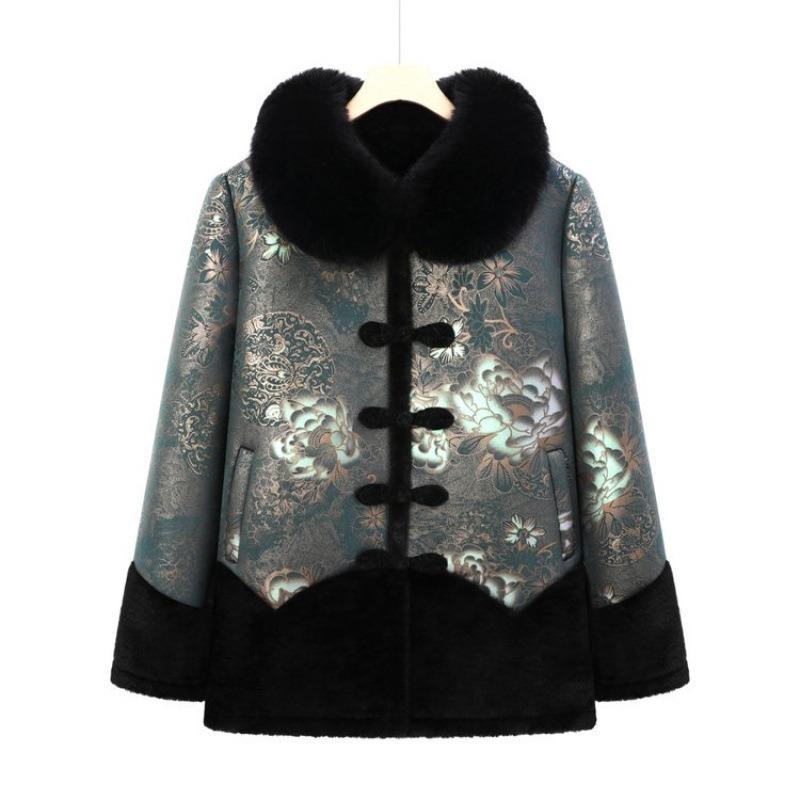 

Пальто зимнее для матери среднего возраста, пальто с воротником из искусственного меха, имитация меха, цельное, бабушкино, осенне-зимняя одежда 5XL [recommended 150-80kg] зелёный