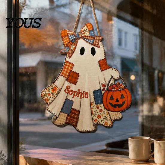 Seasonal Wall Hanging for Parties Halloween Wooden Patchwork Ghost Pendant, Vintage Autumn Harvest Sign, Cute Farmhouse Style Ornaments