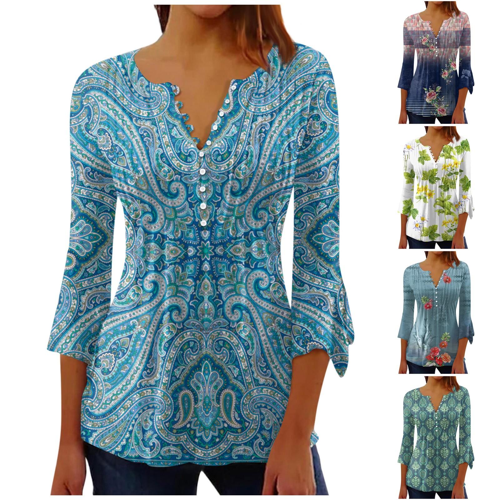 

Women s Button Up Shirts Printed Tunic Summer Tops Dressy Casual Flared Pants Cropped Sleeves Spring Shirts