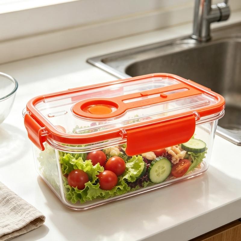 Produce Storage Container with Drain Tray and Locking Lid, Plastic Fridge Storage Box for Fruit and Vegetable Use