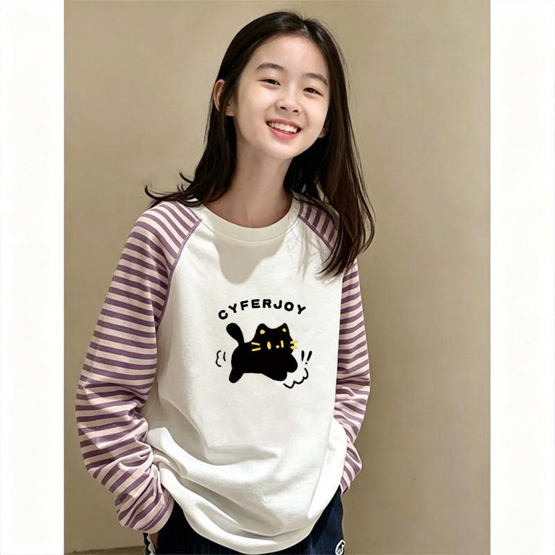 Girls' Korean Style Patchwork Striped Long-Sleeve T-Shirt—Trendy Color Block Base Layer for Spring and Autumn