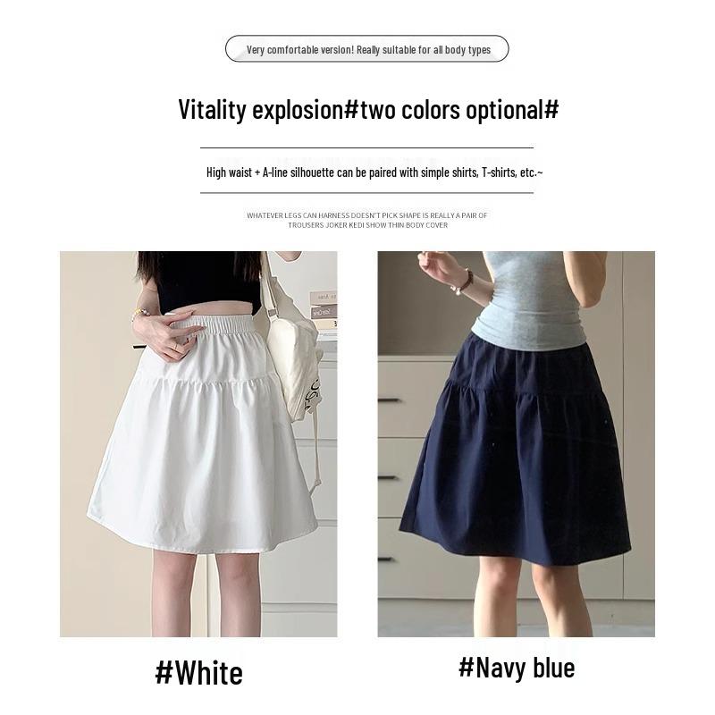 Jupe Midi Trapèze Style Preppy Bleu Marine - Taille Haute Rétro pour Printemps/Été 2025