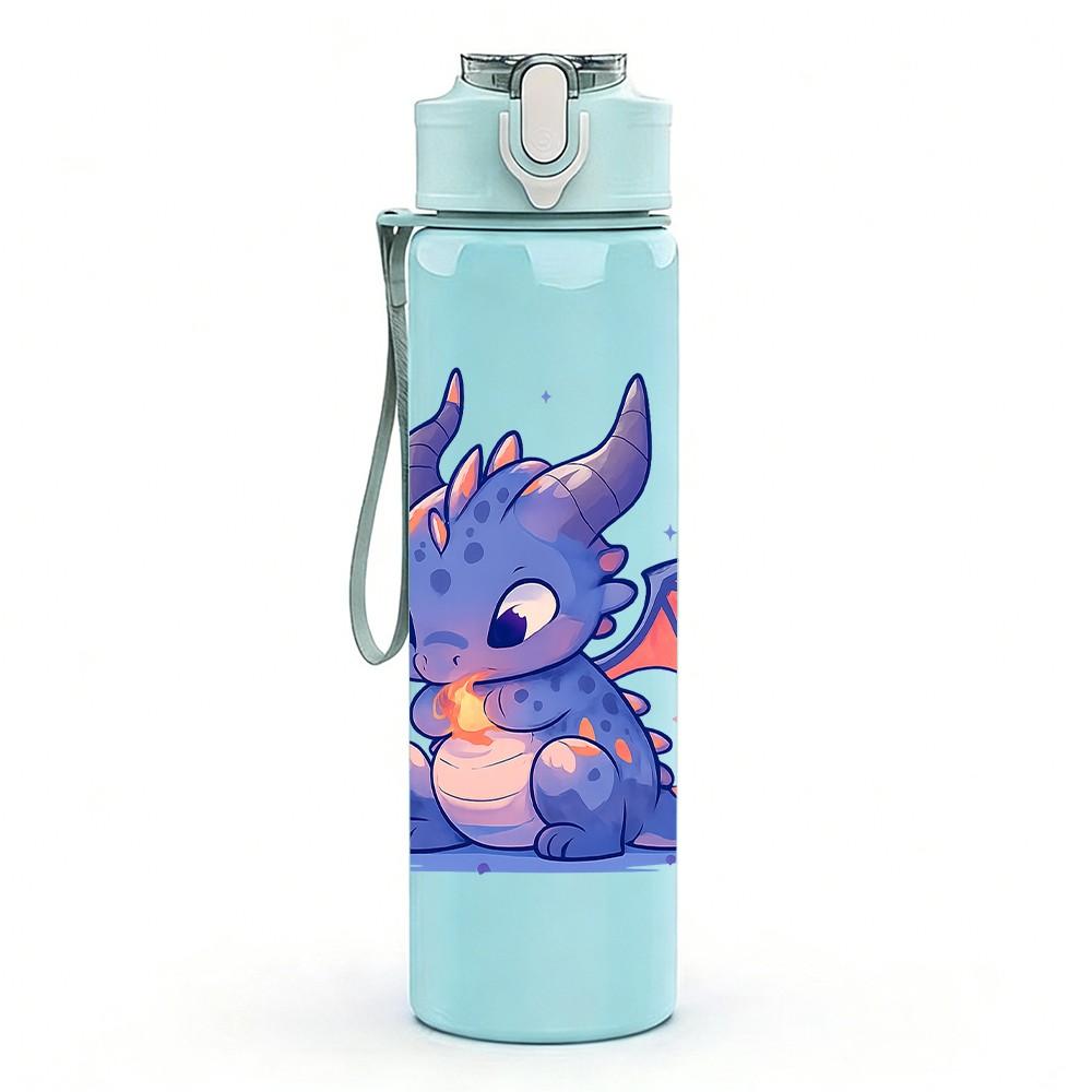 1PC Cute Blue Baby Dragon 750ml Color Plastic Sports Water Bottle Leakproof Flip Straw Lid Suitable for Sports Office Home Use