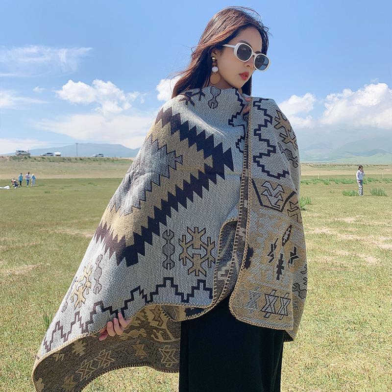 Bohemian scarf autumn and winter warm split shawl celebrity style cape cape women winter tourism office 130*150