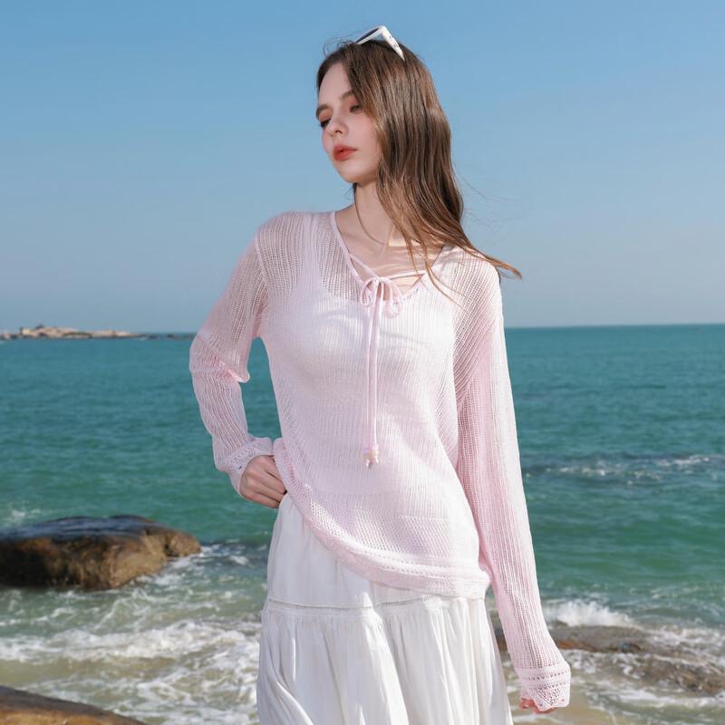 Sancai V-Neck Hollow Knit Long Sleeve Top