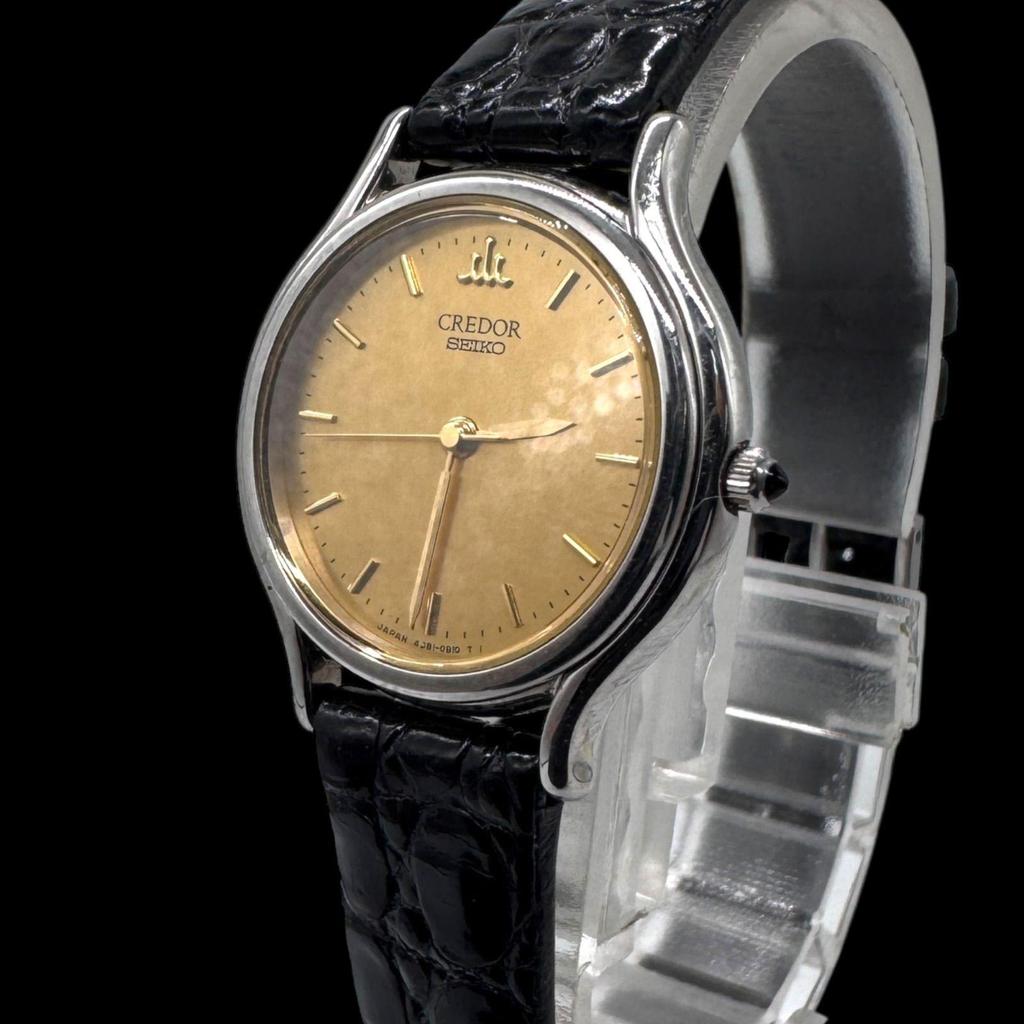 Used New Battery Operated, Beautiful Condition SEIKO CREDOR 4J81-0A40 Ladies Watch, Quartz, Round, Gold Dial, Genuine Strap