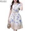 ZANZEA Women Turn Down Collar Summer Short Sleeve Casual Print Dress