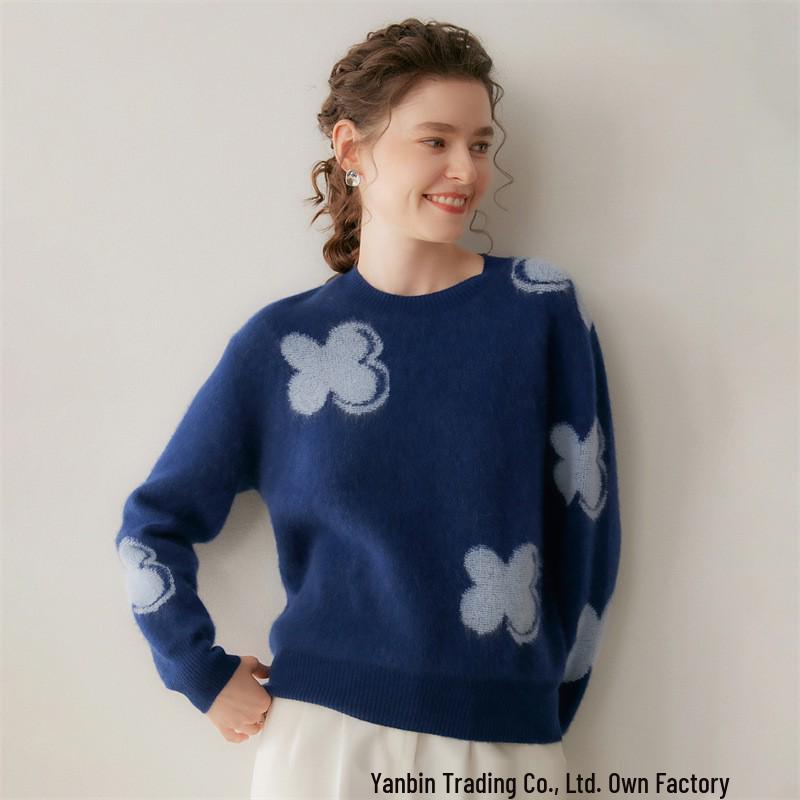 Women's Autumn Winter Floral Knit Cashmere Sweater - Round Neck, Loose Fit