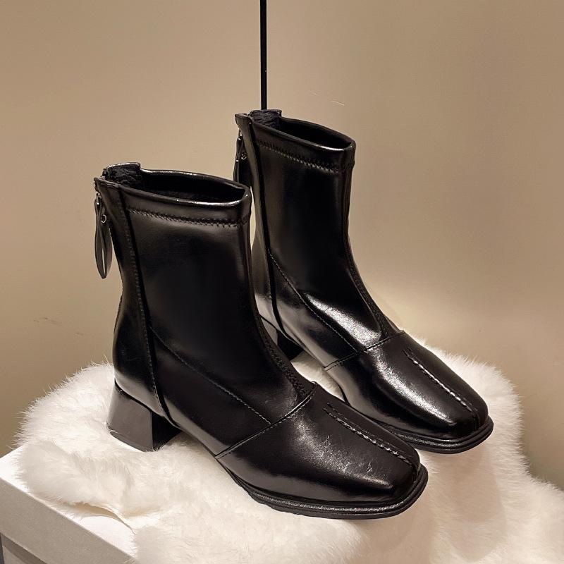 

Korean version thick heel square head short boots women s boots autumn and winter Chelsea boots French retro brown leather boots thin boots 40 чёрный