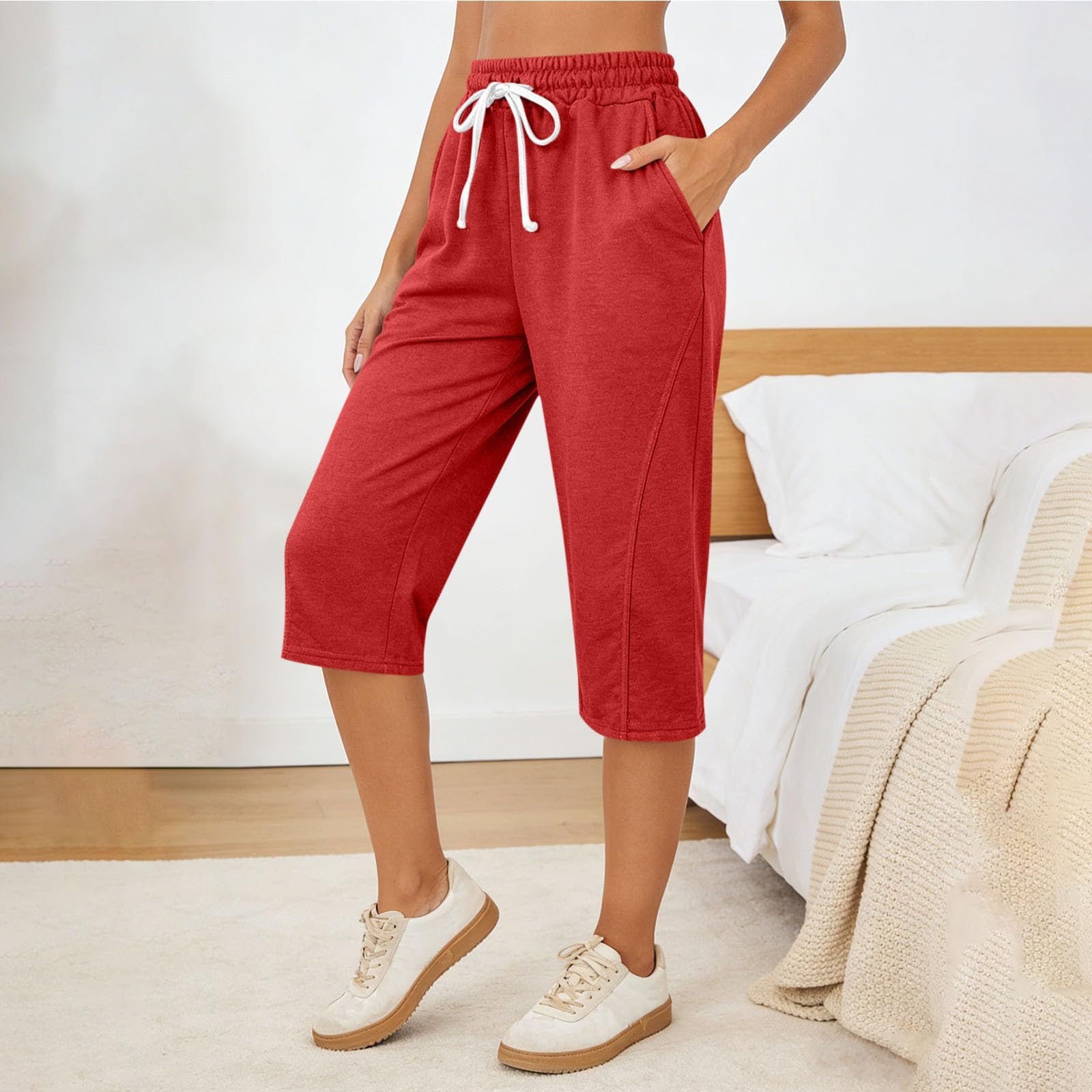

Ladies Color Temperament Casual Loose High Waisted Leg Cinching Cropped Pants L червоний