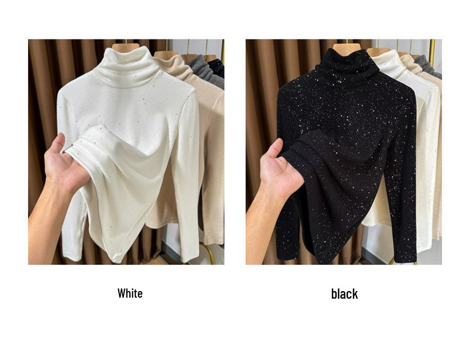 Women's Sequined High-Collar Brushed Corduroy Long Sleeve Shirt - 270g