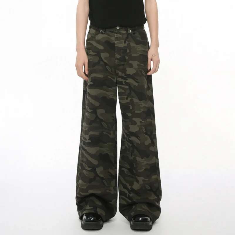 BeatStreet Vintage Camouflage Men's Jeans Fashion Washed Casual Wide Leg Denim Pants Autumn Winter Loose Male Trousers Old Blue