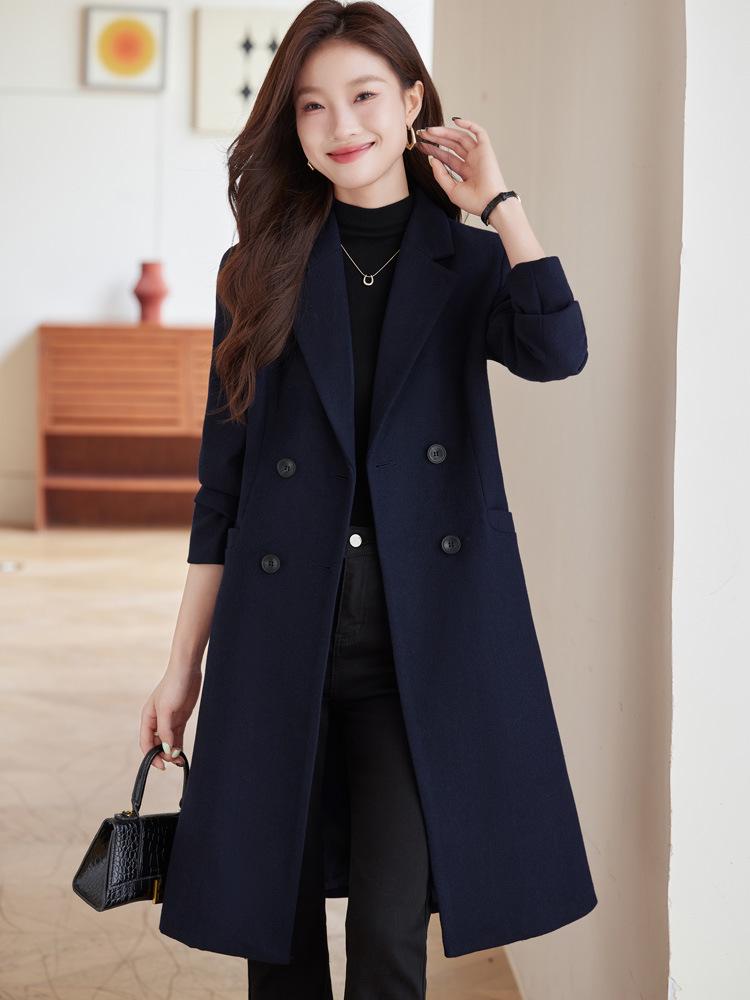Trendy Navy Blue Wool Trench Coat for Work - Mid-Length, Petite Fit