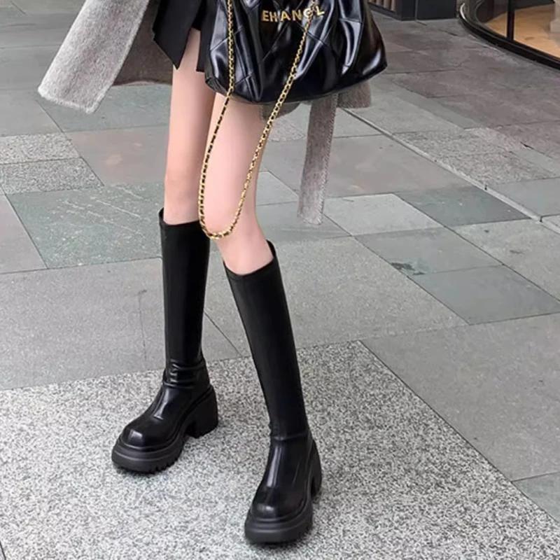 Women's High Over-the-knee Boots Round Head Half-zipper Elastic Thin Thick Bottom Boots Two Heights Optional Fashion Boots Shoes