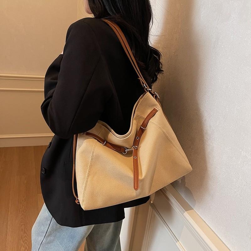 Style Solid Color Canvas Bag Women Stitching Details Soft Structure Travel Bags