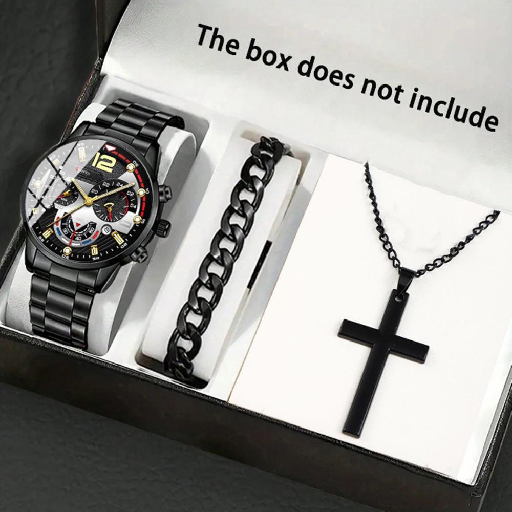 Men's Business Trend 3pcs/set Three-eye Single Calendar Steel Belt Watch + Bracelet + Cross Bracelet Set