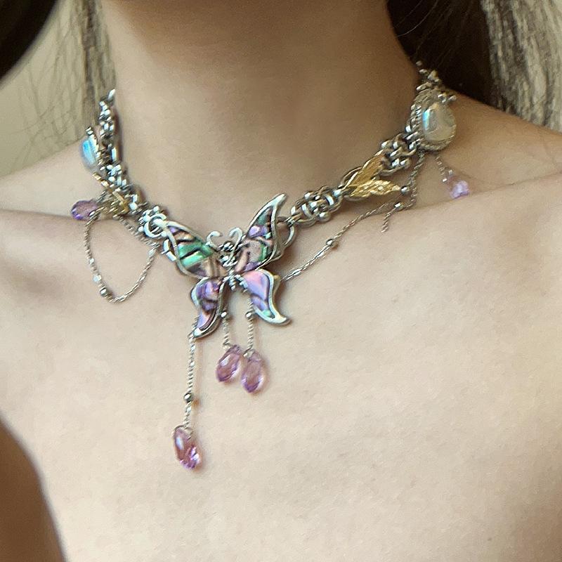 Dazzling Butterfly Metal Tassel Necklace Punk Exaggerated Luxury Choker Dinner Party Elegant Jewelry for Women Unisex