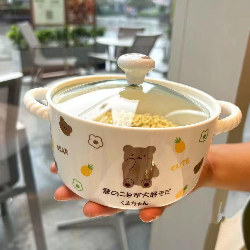 Korean Style Cute Heart Ceramic Noodle Bowl with Lid for Dorm or Bedroom Microwave Use