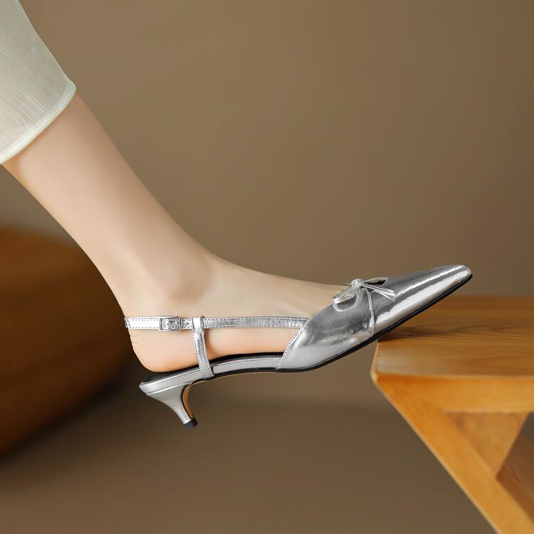 

After empty pointed head cat heel shoes women s 2025 new spring and summer French temperament bow thin heel bag head sandals 39 серебряный