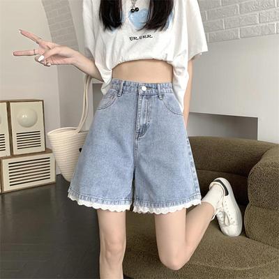 Damskie szerokie dżinsowe szorty urocza koronka wysoki stan A-line spodnie dżinsowe plus size moda w stylu koreańskim odzież Y2k lato