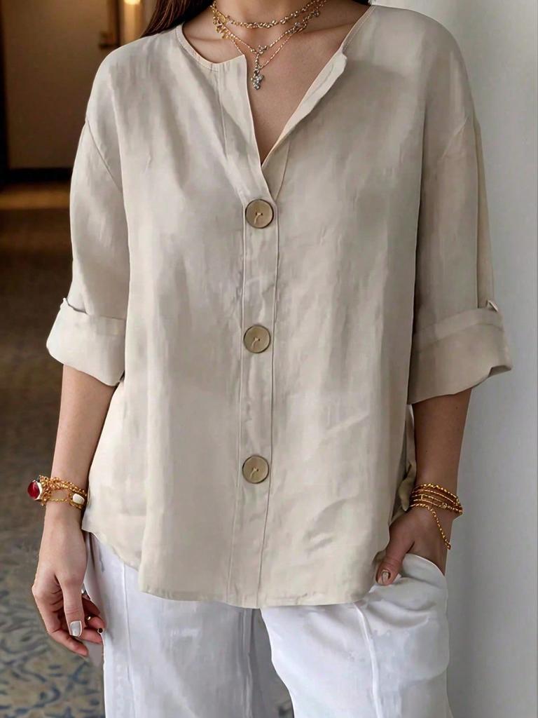 Plus Size Women Solid Color Front Button Shirt, Spring Casual Loose Daily Blouse Top