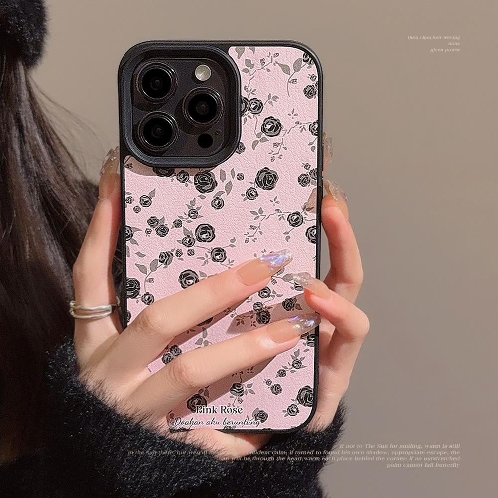 Black Rose Flower Apple 15 Mobile Phone Case 14promax Gentle Powder 11 Applicable To IPhone 16 Leather 12 Advanced