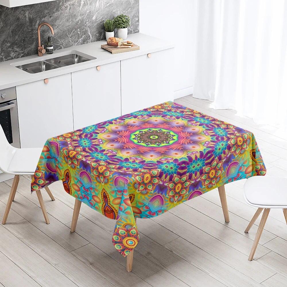 Psychedelic Geometric Mandala Pattern Rectangular Tablecloth Waterproof and Oilproof Wedding Restaurant Kitchen Table Decoration