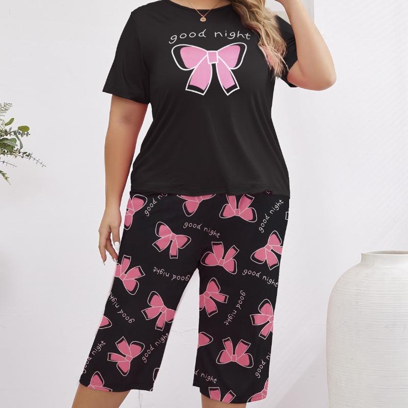 Belted Print Pajama Set with Short-sleeved Pants and Knee-length Shorts, Made of Milk Silk, Suitable for Home Wear.